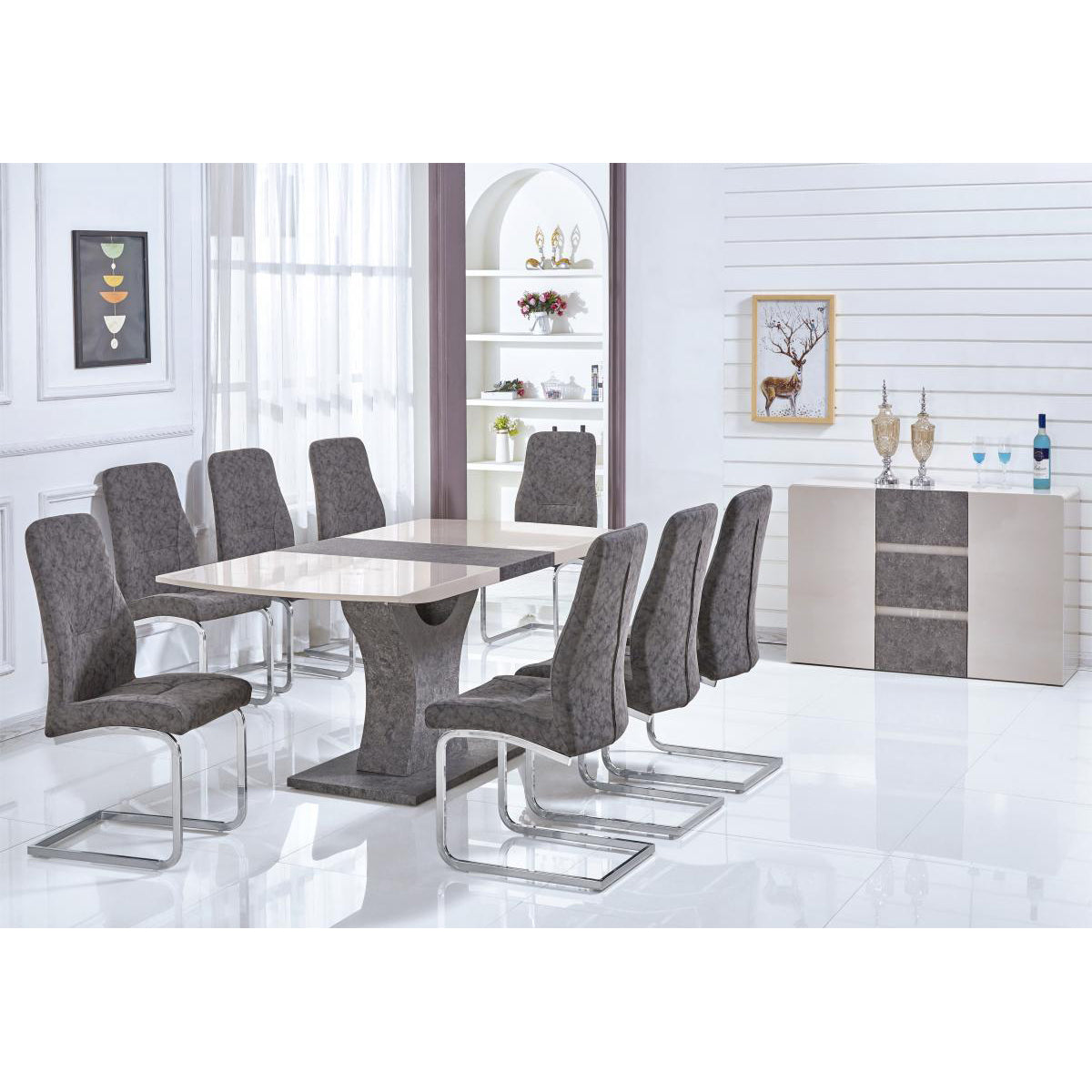 Belarus High Gloss Ext Dining Table Cream and Stone - luxury dining furniture