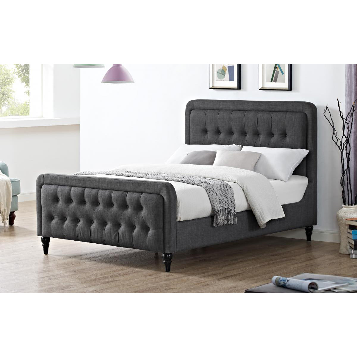 Talia Grey Linen Bed - King Size - Grey Linen