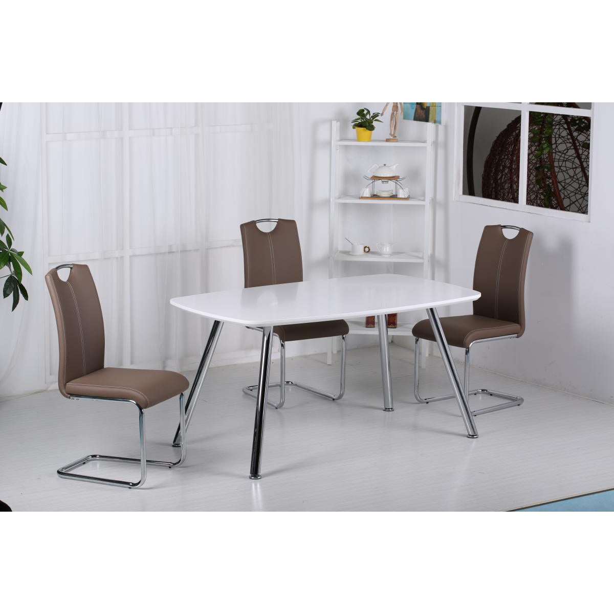 Vera High Gloss Dining Table Light Grey and Chrome - luxury dining furniture