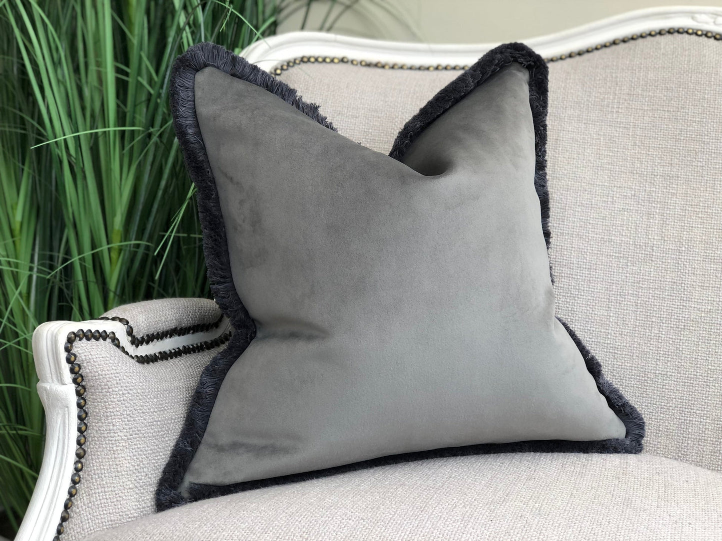 Monaco Grey Cream Plain Velvet Cushion 24x24 additional image