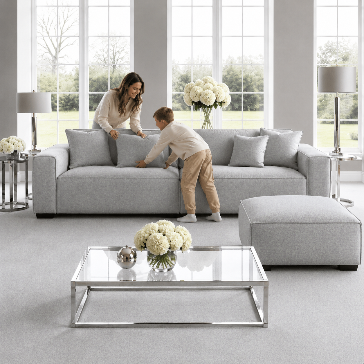 Victoria Duck feather Boucle 4 Seater Sofa with Footstool