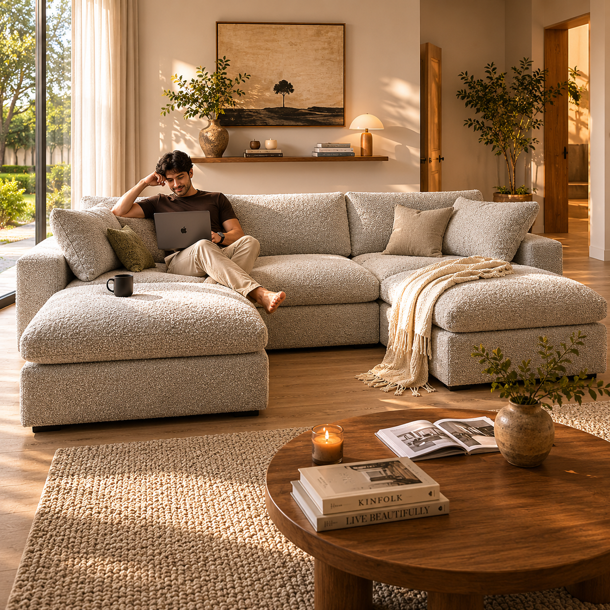 Sola Modular 5 Piece U Shape Sofa With Feather Cushions - luxury velvet U-shape sofa by Vogue Vocus view 7