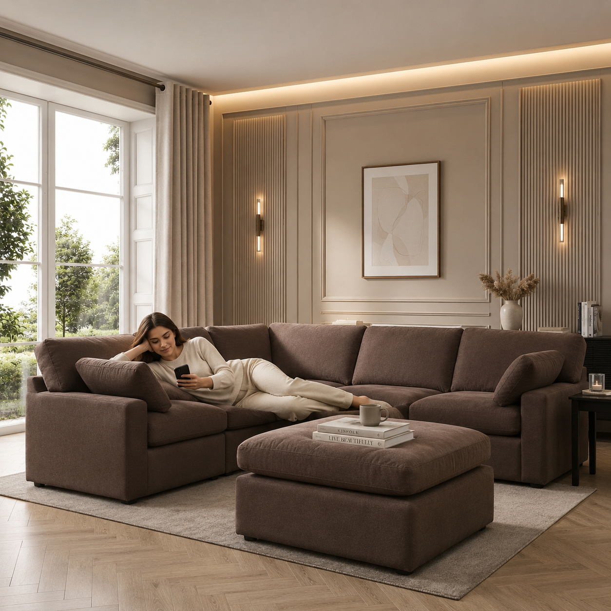 Savannah Feather left Hand Corner Sofa - Chocolate - luxury velvet corner sofa in chocolate by Vogue Vocus view 2