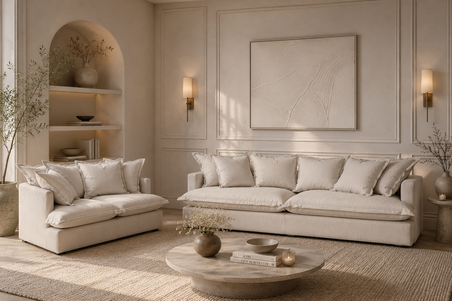 SPENCER Feather Filled Fabric Sofa Range - 3+2 Sofa Set - luxury velvet modular sofa in beige by Vogue Vocus