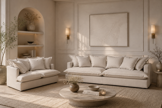 SPENCER Feather Filled Fabric Sofa Range - 3+2 Sofa Set - luxury velvet modular sofa in beige by Vogue Vocus