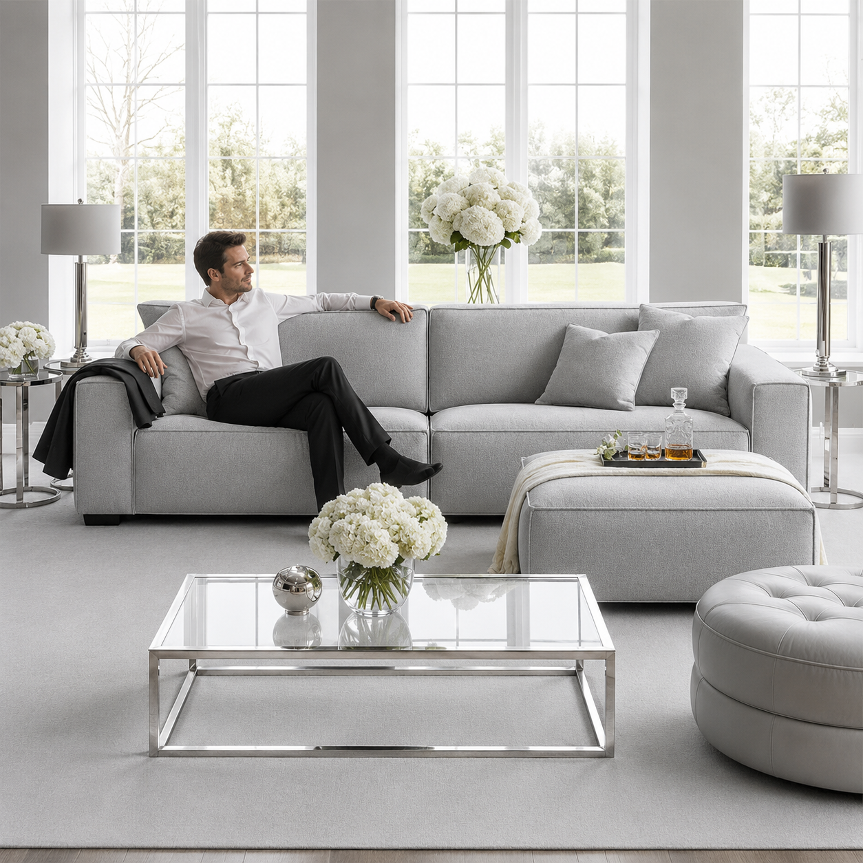 Victoria Duck feather Boucle 4 Seater Sofa with Footstool