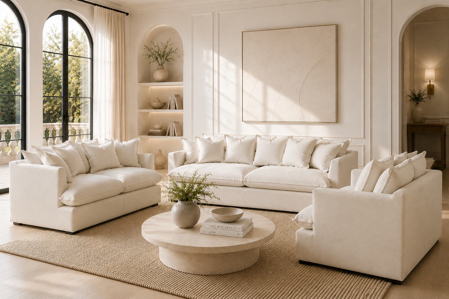 SPENCER 3/2/1 Seater Feather-Filled Fabric Sofa Range - luxury velvet 2 seater sofa in beige by Vogue Vocus