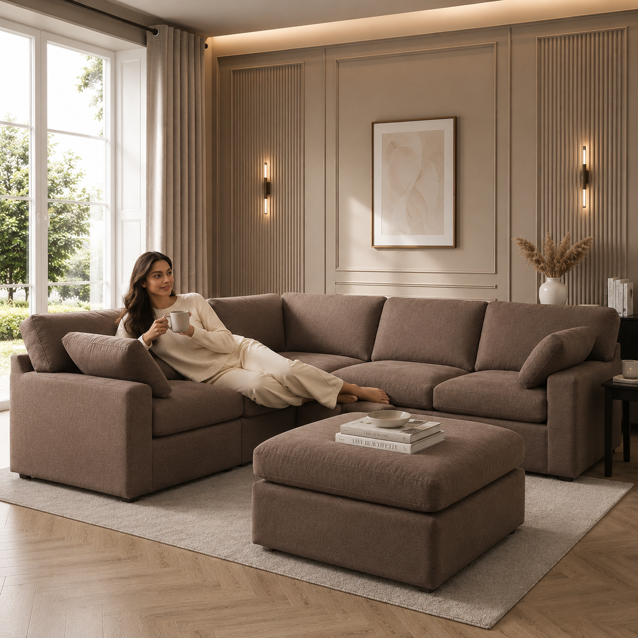 Savannah Feather left Hand Corner Sofa - Chocolate - luxury velvet corner sofa in chocolate by Vogue Vocus view 5