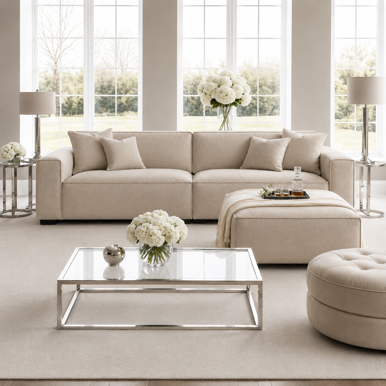 Victoria Duck feather Boucle 4 Seater Sofa with Footstool