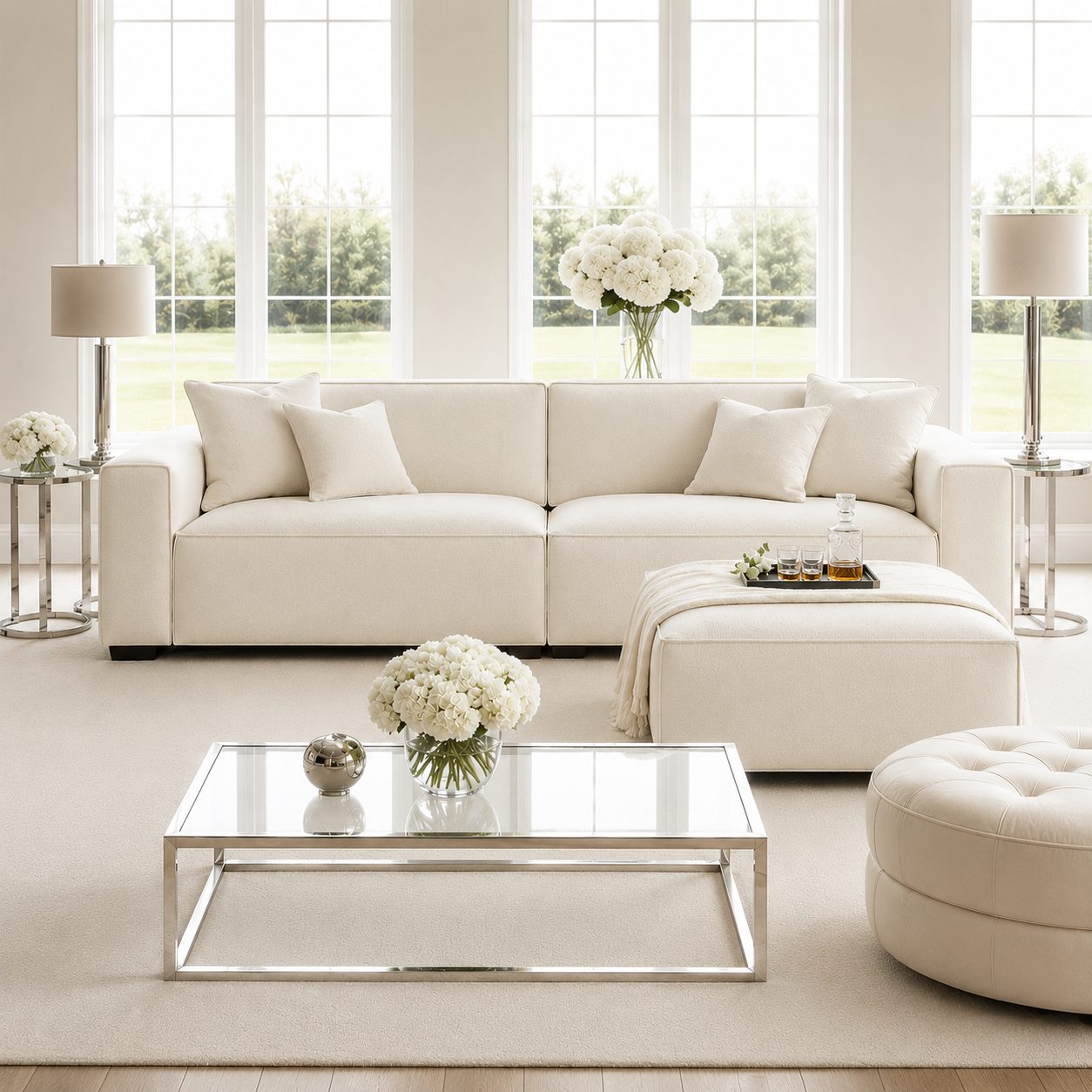 Victoria Duck feather Boucle 4 Seater Sofa with Footstool