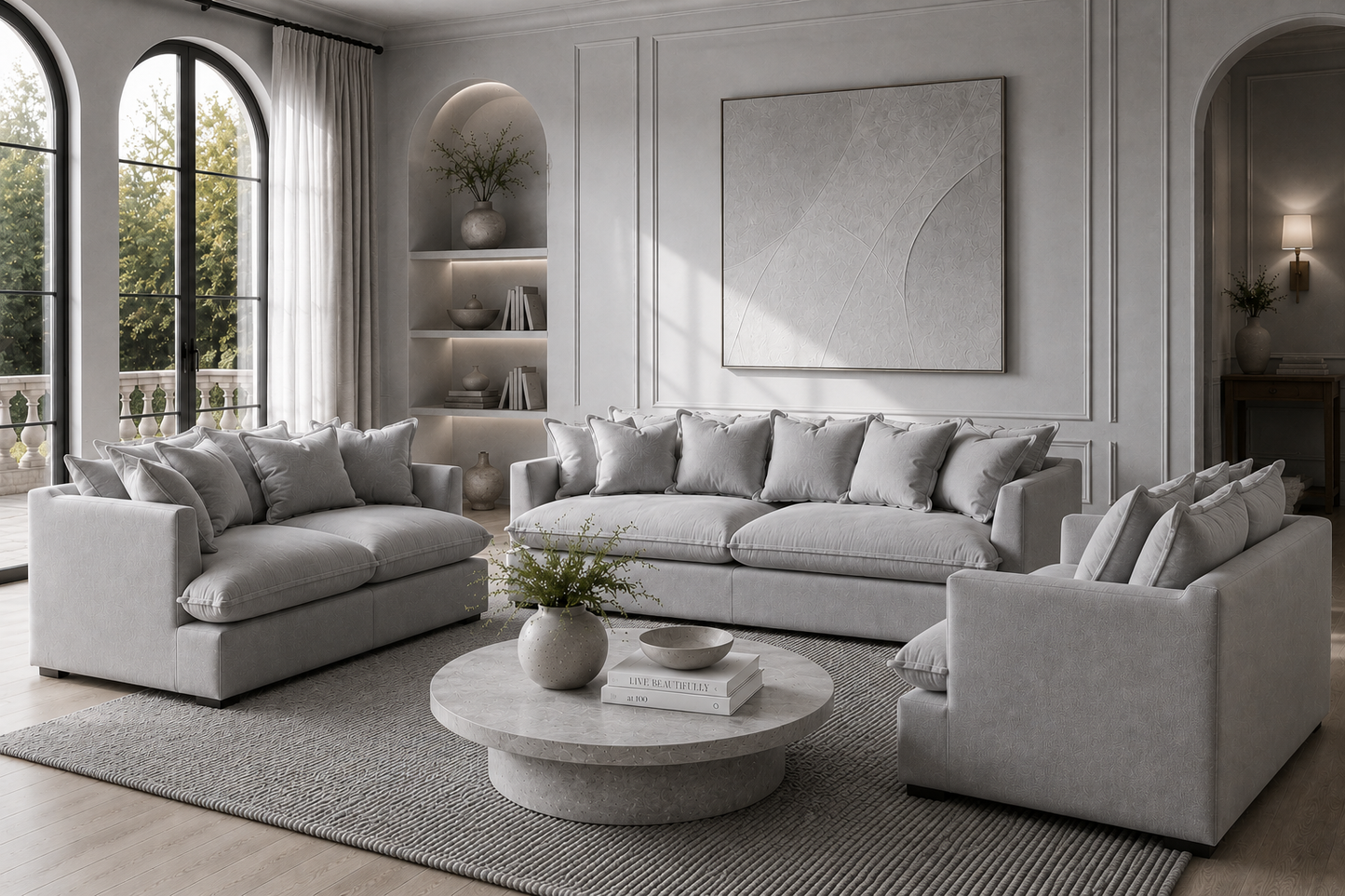 SPENCER 3/2/1 Seater Feather-Filled Fabric Sofa Range - luxury velvet 2 seater sofa in beige by Vogue Vocus view 3