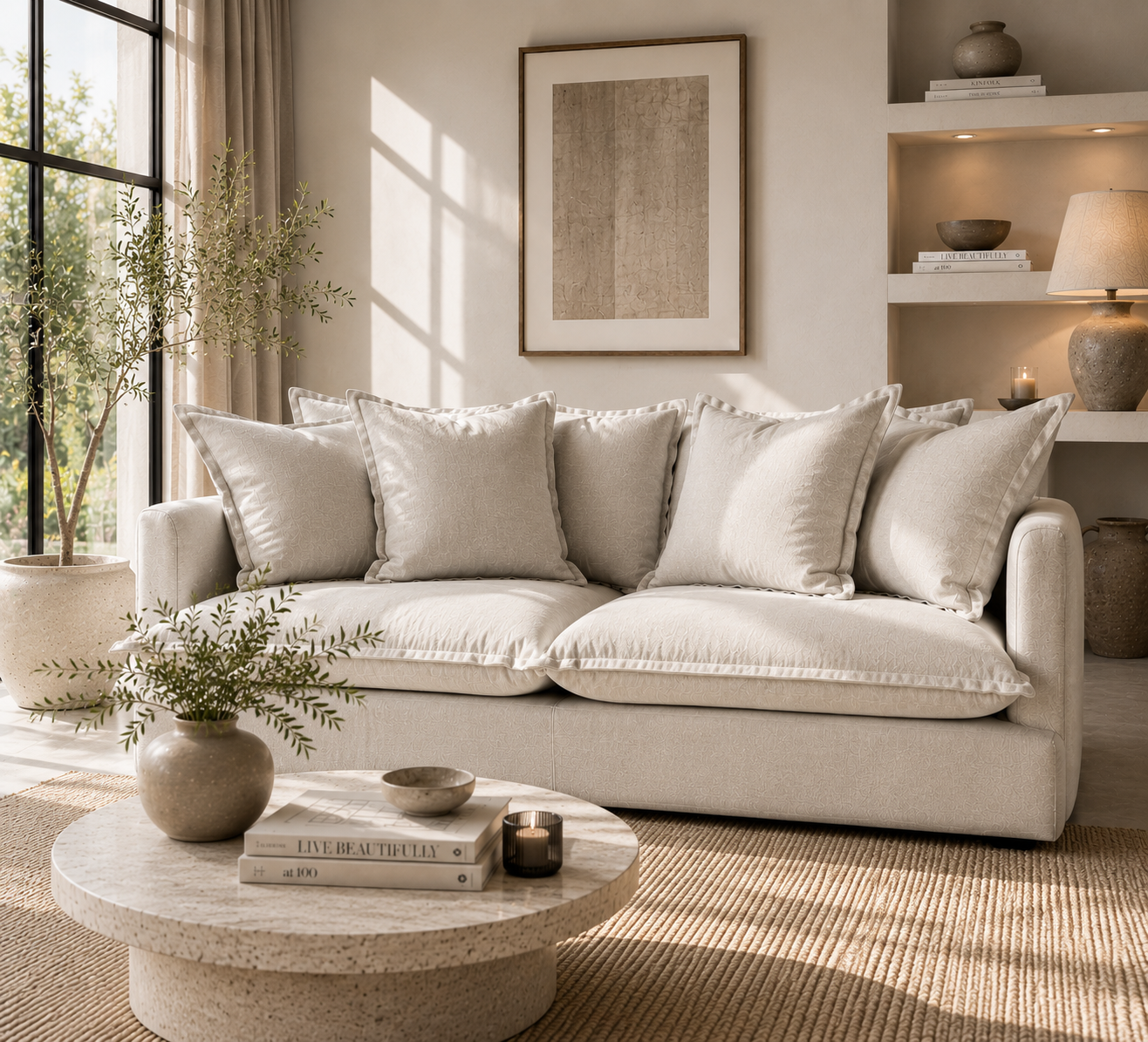 SPENCER Feather Filled Fabric Sofa Range - 2 Seater - luxury velvet modular sofa in beige by Vogue Vocus