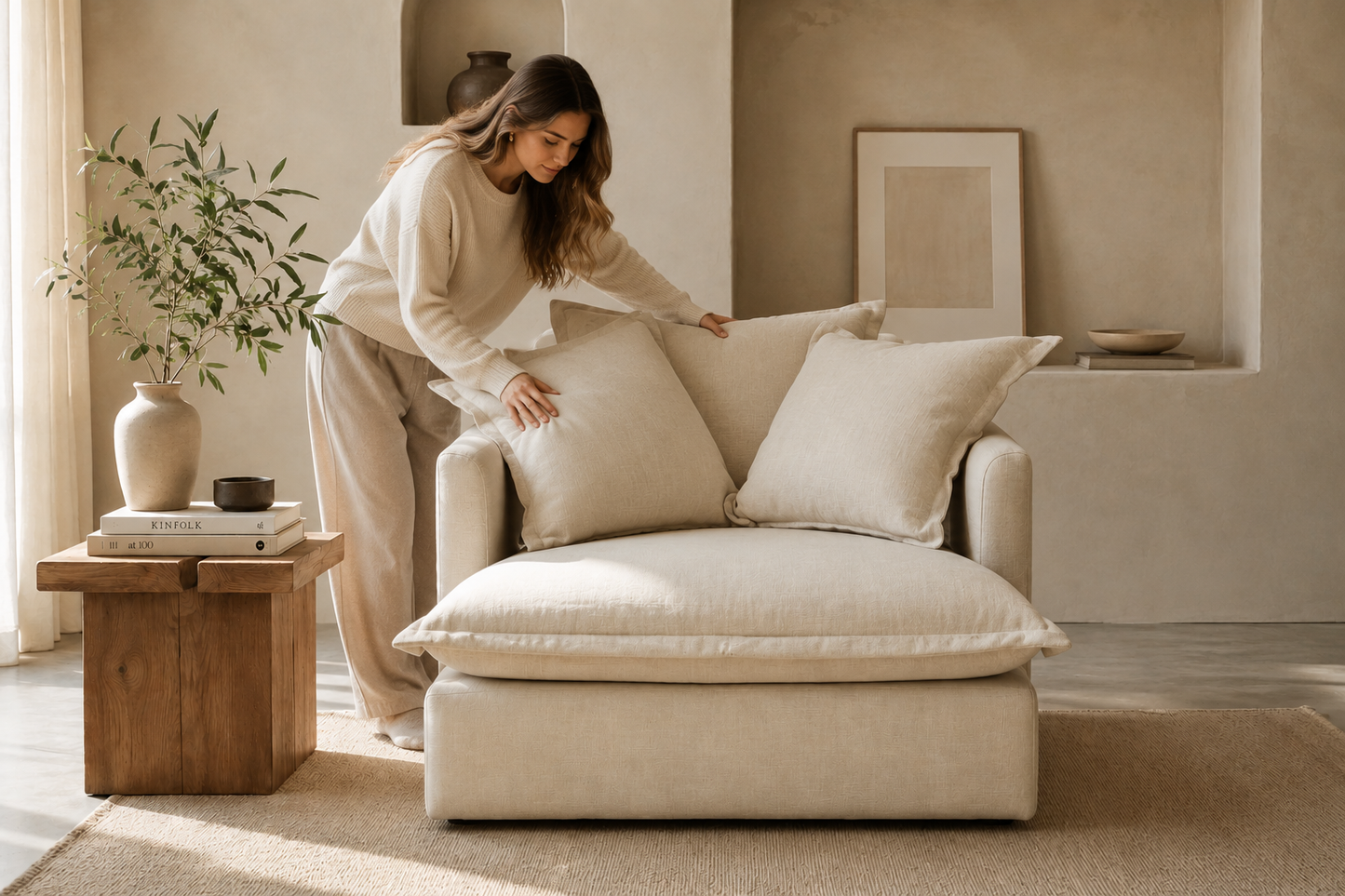 SPENCER Feather Filled Fabric Sofa Range 1 Seater - luxury velvet modular sofa in beige by Vogue Vocus view 3