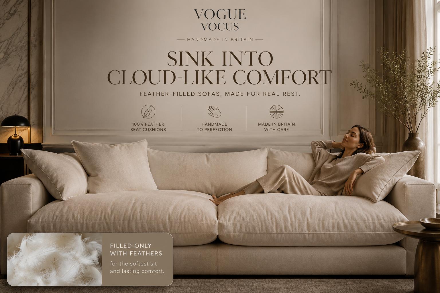 Luxury feather sofa in a warm neutral living room