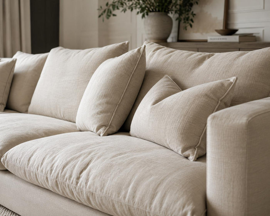 Close up of relaxed luxury feather sofa cushions