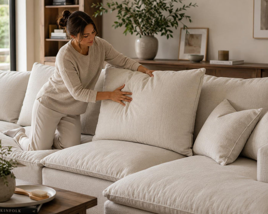 Plumping cushions on a feather sofa