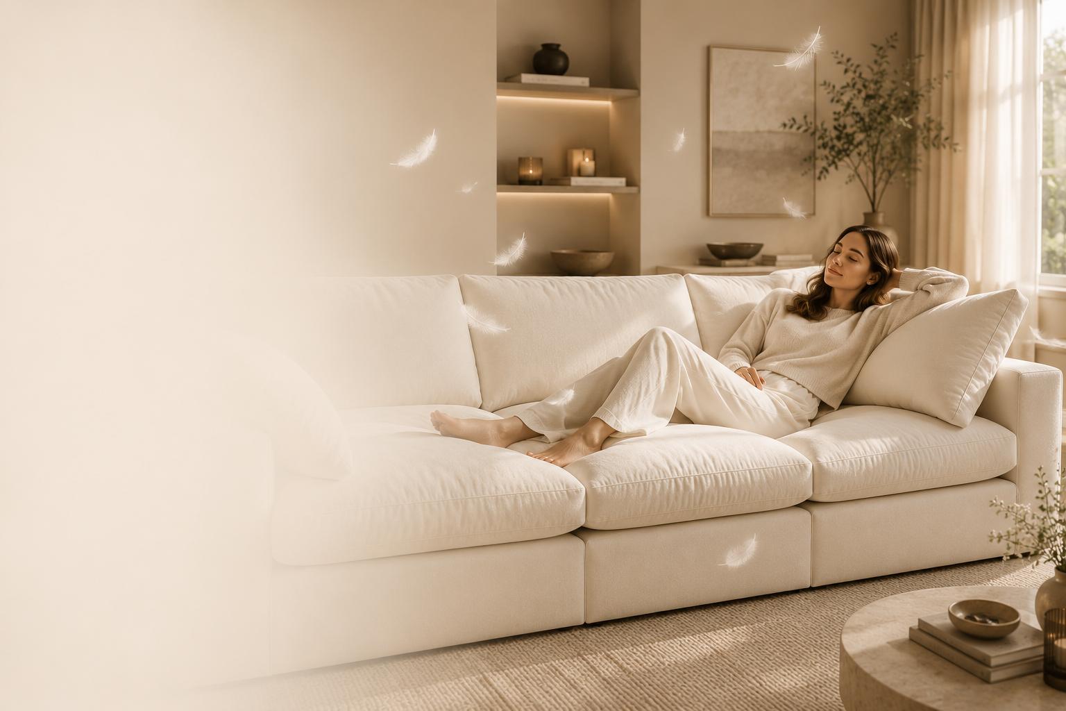 Luxury cream feather filled sofa in a bright living room