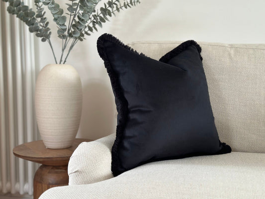 Noir Black Black Fringed Velvet Cushion 20x20