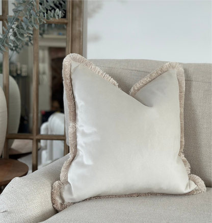 Vittoria Ivory Black Fringed Velvet Cushion 20x20 additional image