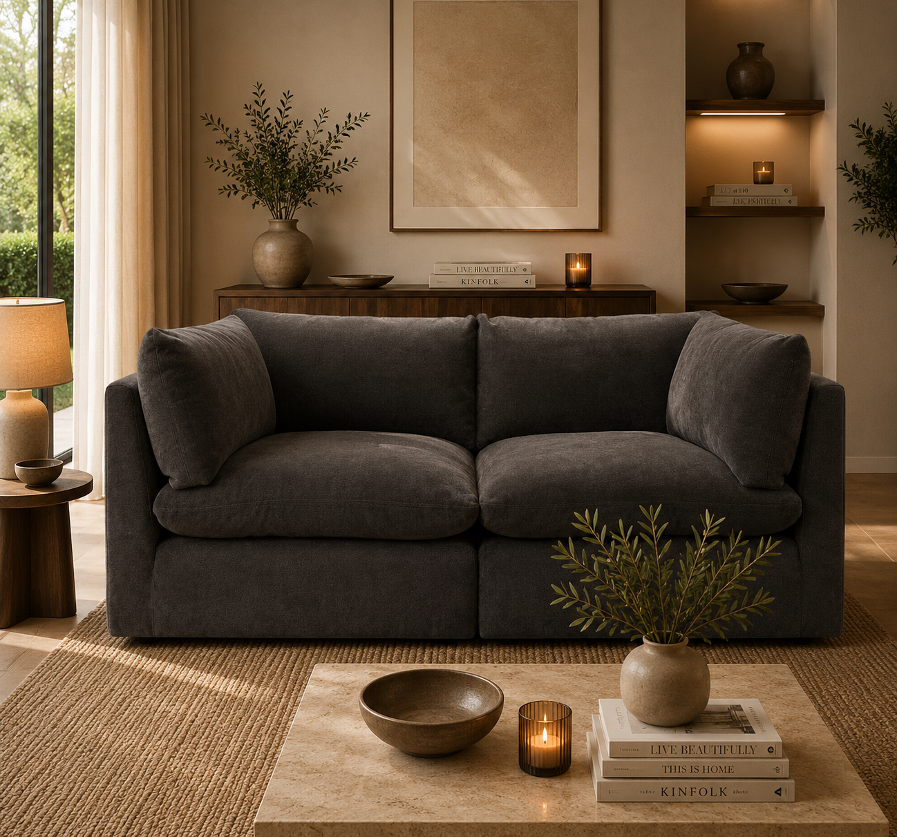 Arlo Feather 2-Piece Sofa - luxury velvet modular sofa in ivory by Vogue Vocus