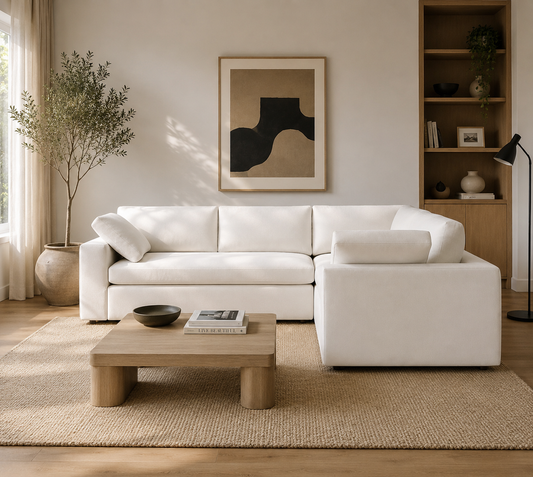 Velora Wide Arm 3-Piece L-Shaped Modular - luxury velvet U-shape sofa in ivory by Vogue Vocus
