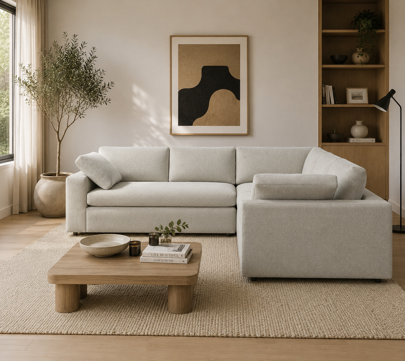 Velora Wide Arm 3-Piece L-Shaped Modular - luxury velvet U-shape sofa in ivory by Vogue Vocus view 3