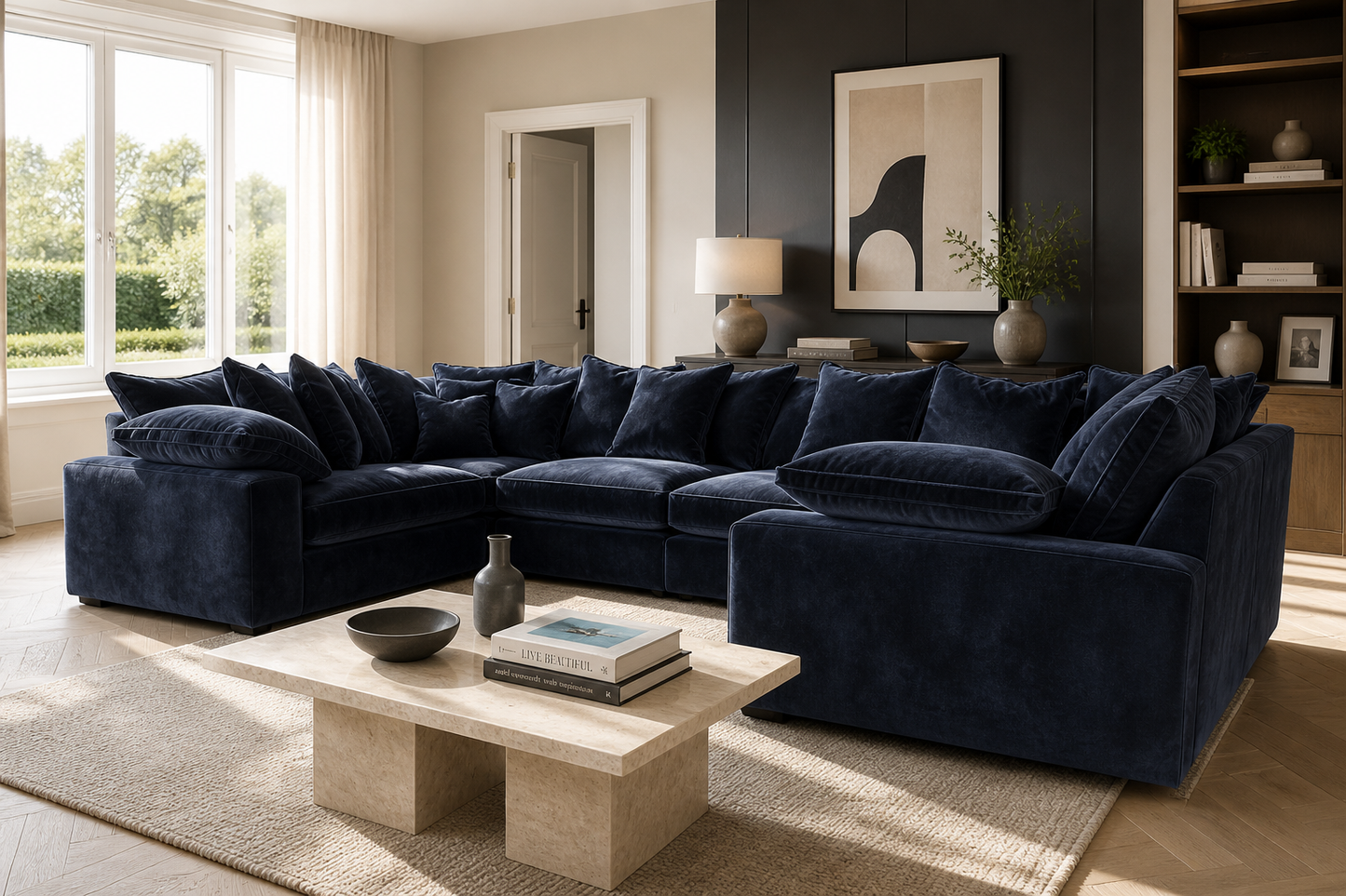 Maison Large U Shape Sofa With Piping Pillow Back - luxury velvet U-shape sofa by Vogue Vocus