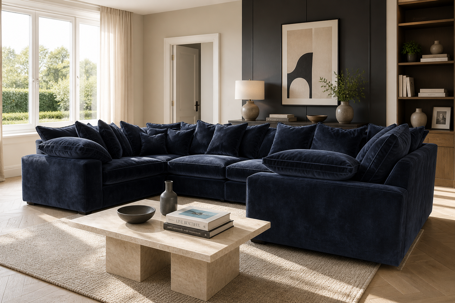 Maison Large U Shape Sofa With Piping Pillow Back - luxury velvet U-shape sofa by Vogue Vocus