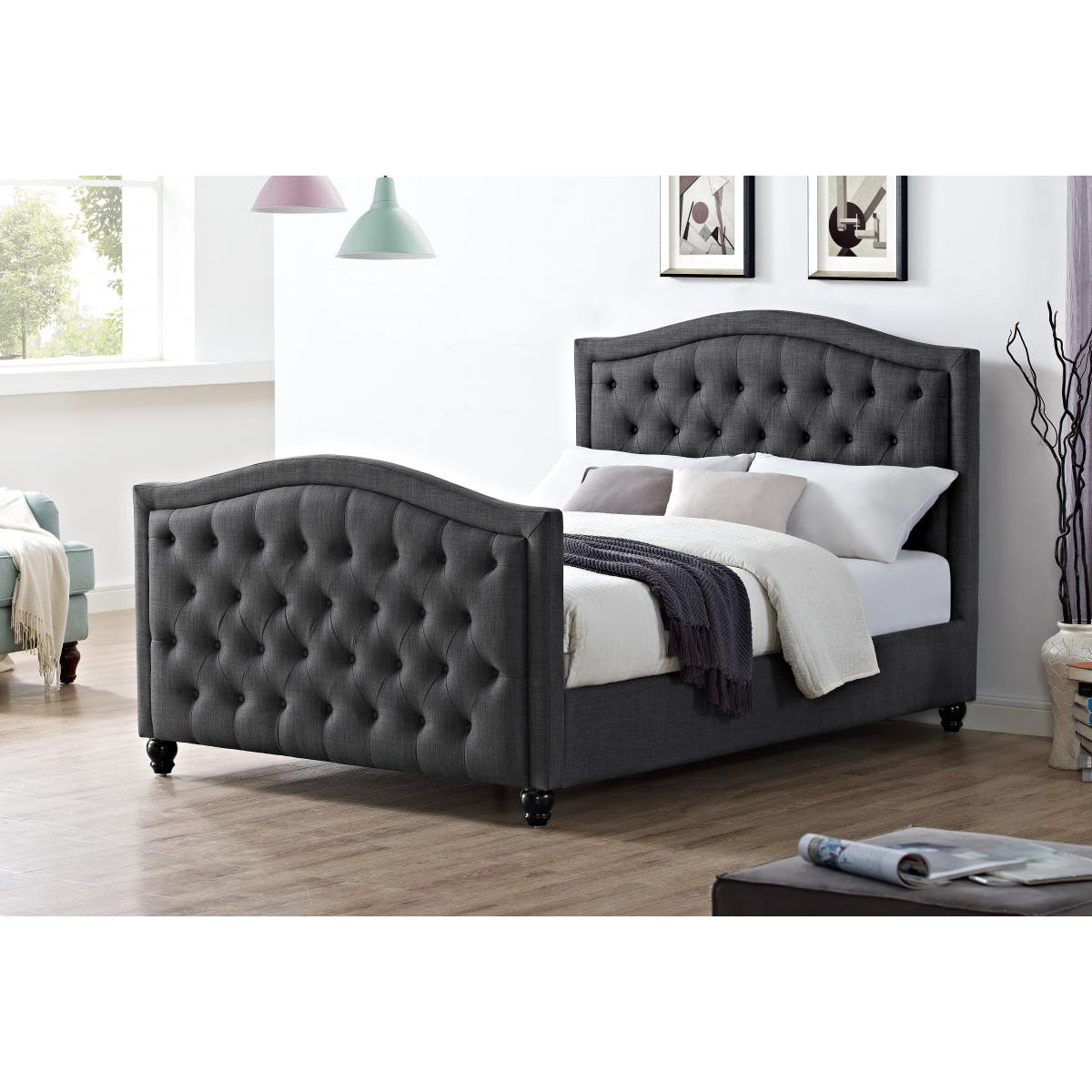 Davenport Grey Linen Upholstered Bed - Double - Grey Linen