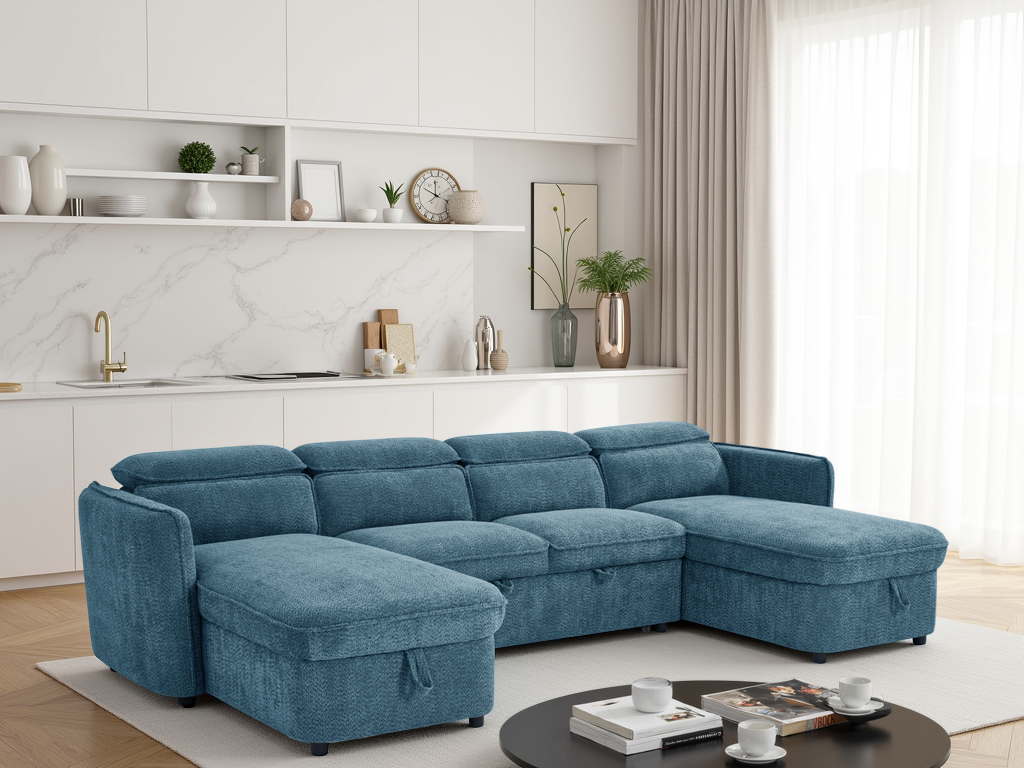 Valenza U-Shape Sofa Bed in Blue
