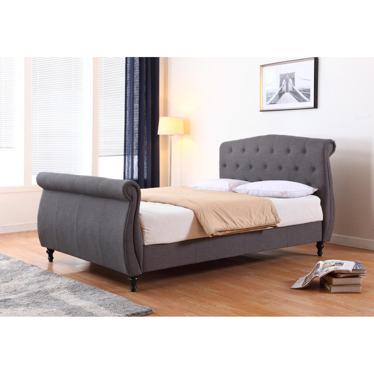 Milan Dark Grey Linen Bed - Double - Grey Linen