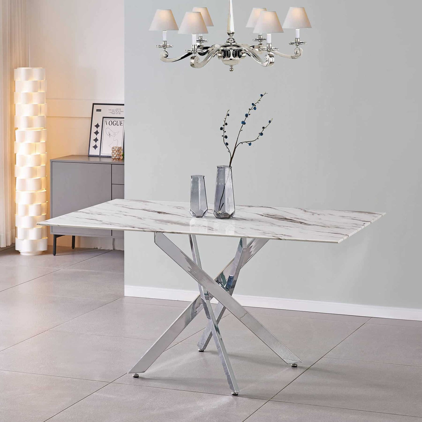 Scimitar Marble Effect Glass Dining Table with Silver Legs - luxury dining furniture