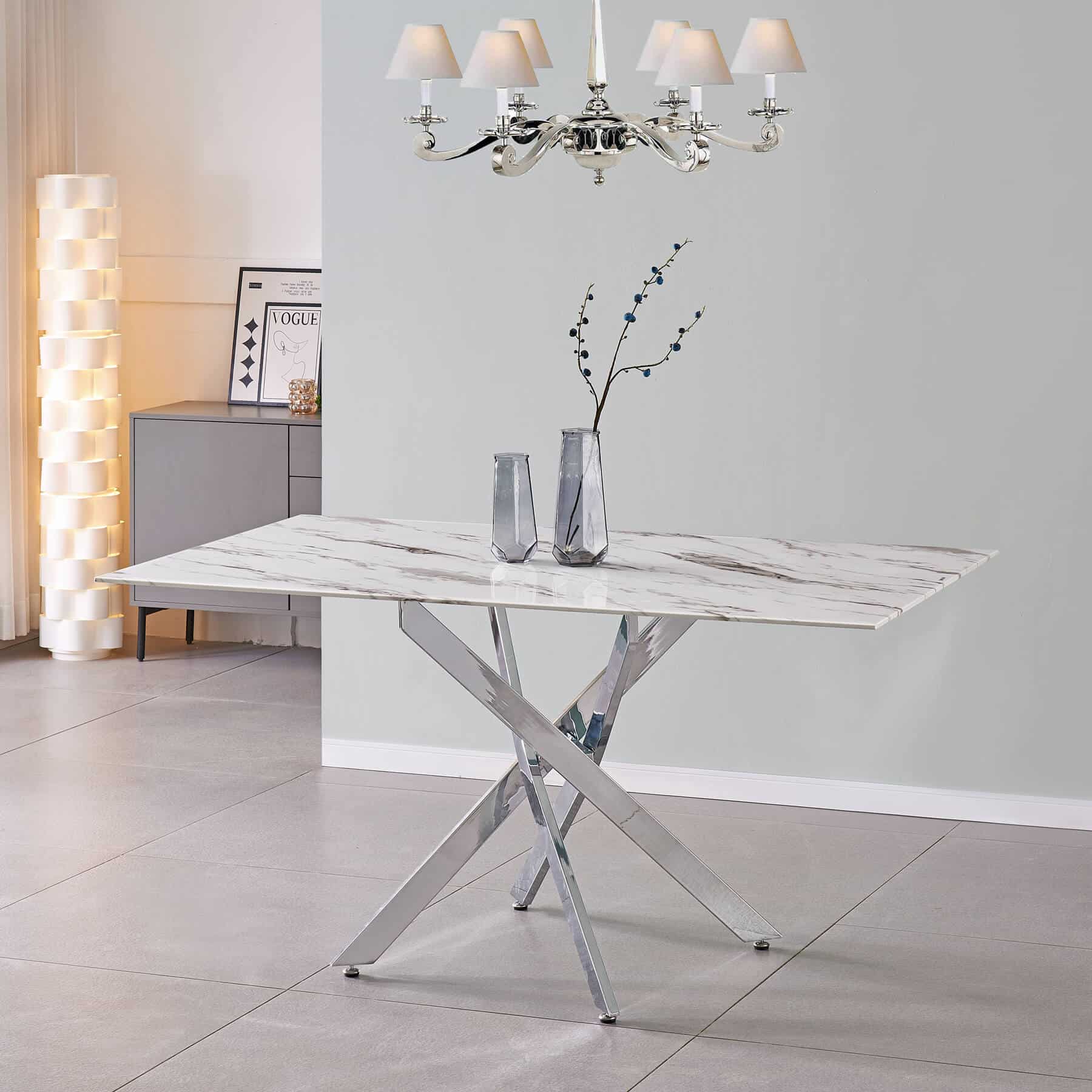 Scimitar Marble Effect Glass Dining Table with Silver Legs - luxury dining furniture