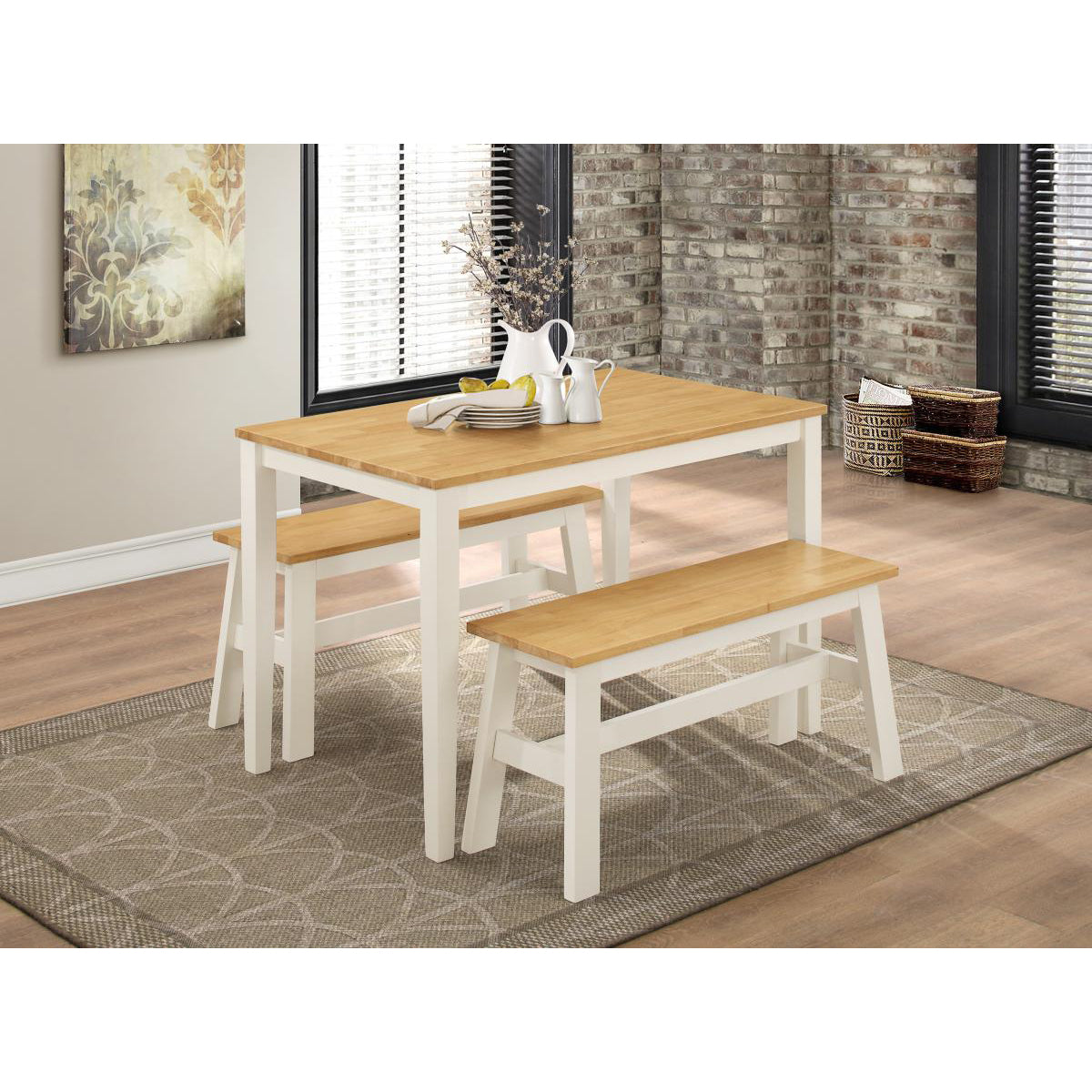 Washington Dining Set with 2 Benches Nat Oak and White - luxury dining furniture