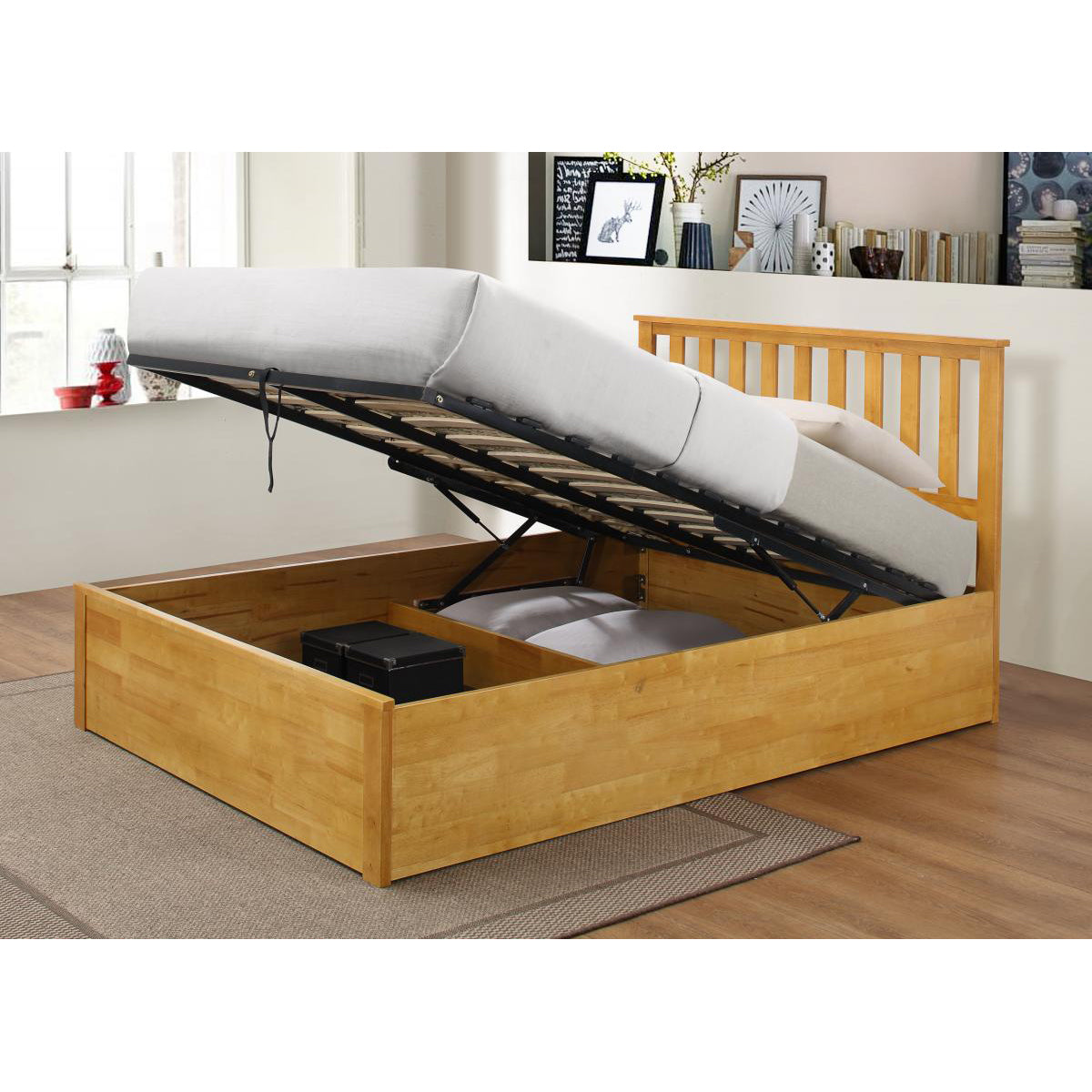 Zara Solid Rubberwood Storage Bed - King Size - Oak