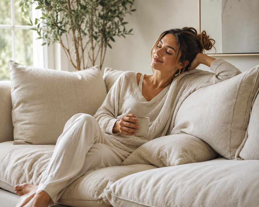 Woman relaxing on a soft feather sofa