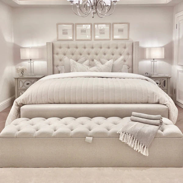 Harper Classic Luxury Grey Tweed Buttoned Silver Stud Wing Chunky Bed