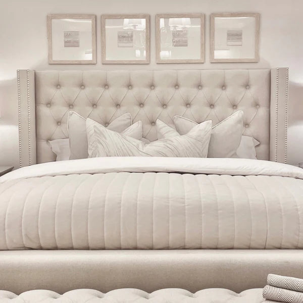 Harper Classic Luxury Grey Tweed Buttoned Silver Stud Wing Chunky Bed