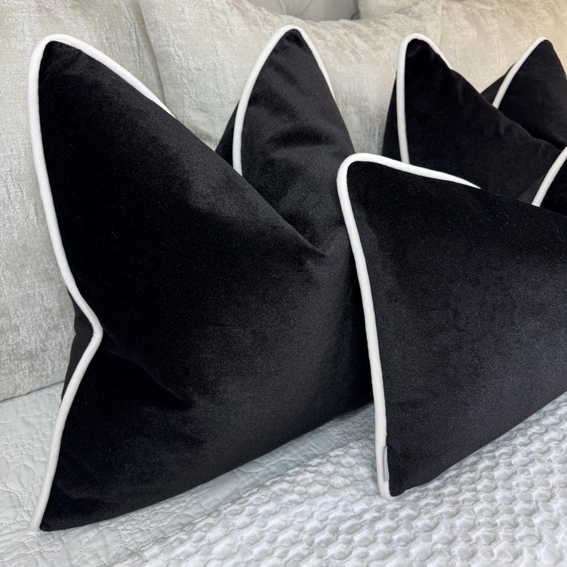 Milan Black Velvet Cushion with Ivory Piping 22x22 - Duck Feather Filled