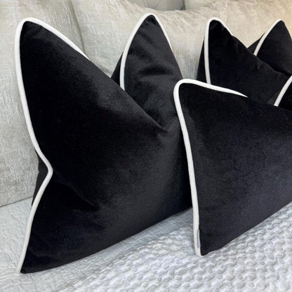 Milan Black Velvet Cushion with Ivory Piping 22x22 - Duck Feather Filled