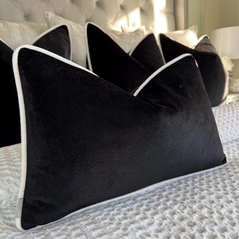 Milan Black Velvet Cushion with Ivory Piping 22x22 - Cover Only