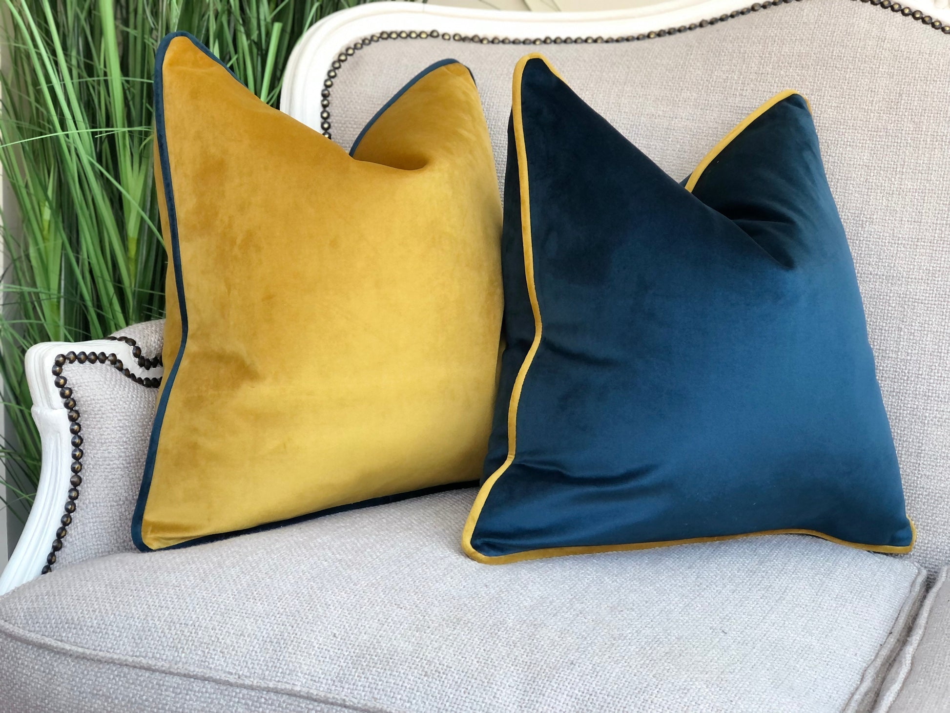 Pacific Blue Taupe Piped Velvet Cushion 22x22 additional image