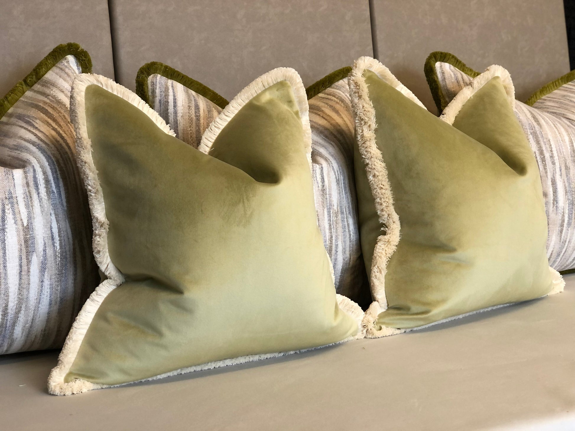 Sage Boutique Moss Green Piped Velvet Cushion 22x22