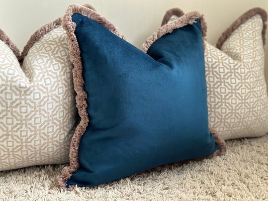 Pacific Blue Moss Green Piped Velvet Cushion 22x22