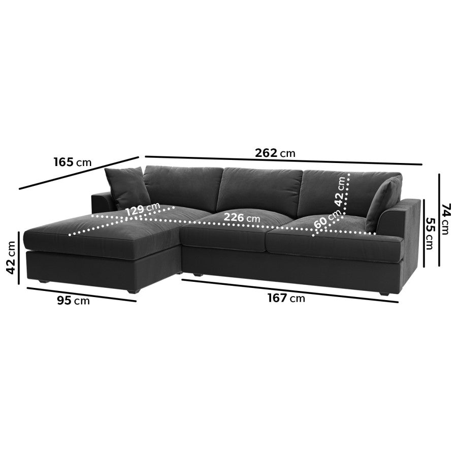 Verona Right Hand Chaise Corner Sofa and Footstool - luxury velvet corner sofa in grey by Vogue Vocus view 11