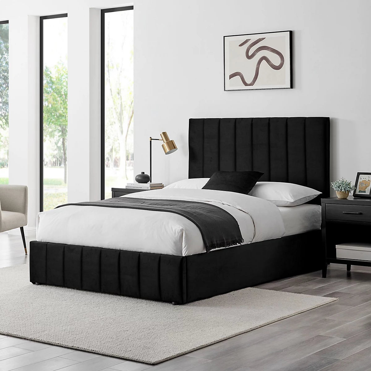 Star Black Velvet Fabric Ottoman Storage Bed Frame