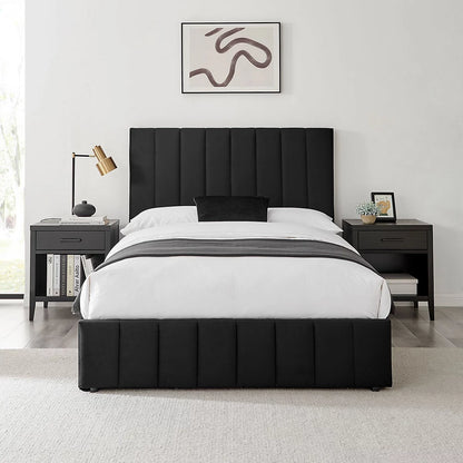 Star Black Velvet Fabric Ottoman Storage Bed Frame