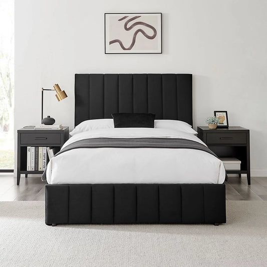 Star Black Velvet Fabric Ottoman Storage Bed Frame