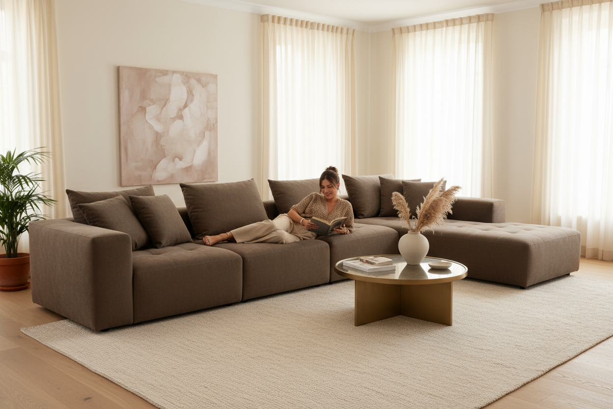 nice modular sofa in dark beige colour placed in a nice cream tone living room and a young stylish modern young female sitting on it 