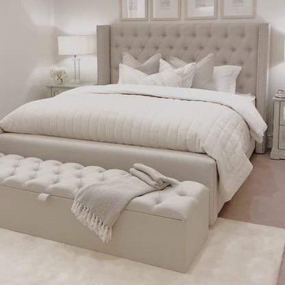 Harper Luxe Grey Tweed Silver Stud Wingback Bed